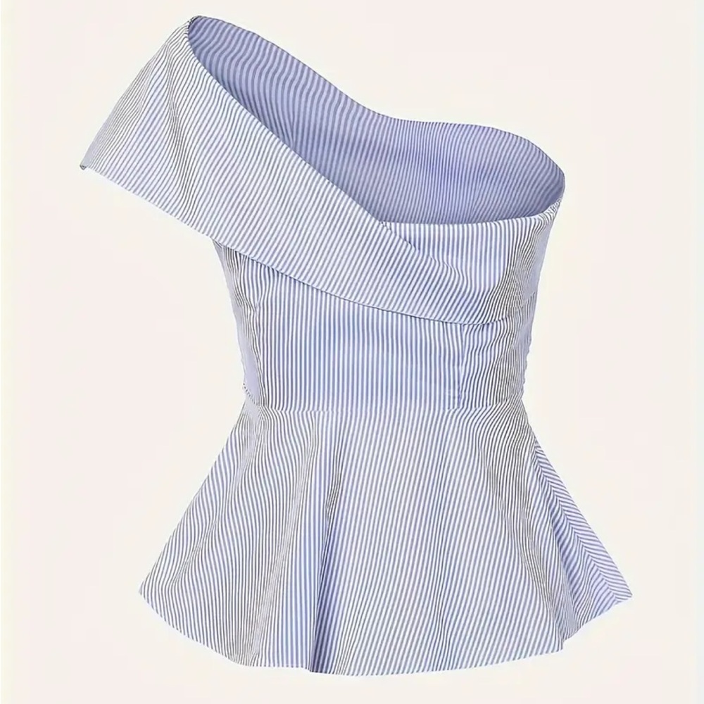 Striped Blue One-Shoulder Top - Picture 3 of 5